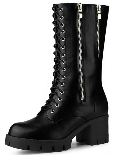 Lace Up Platform Chunky Heel Mid Calf Combat Boots Halloween Boots