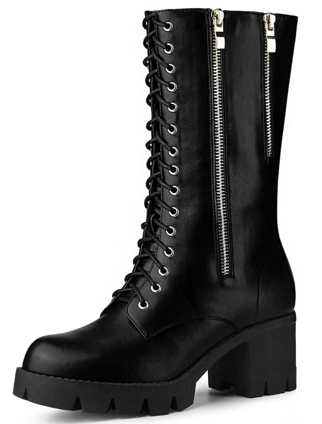Allegra K Lace Up Platform Chunky Heel Mid Calf Combat Boots Halloween Boots