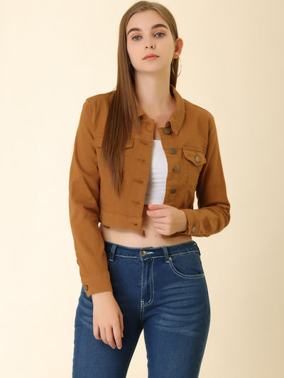 Casual Cropped Button Down Long Sleeve Basic Jean Denim Jacket