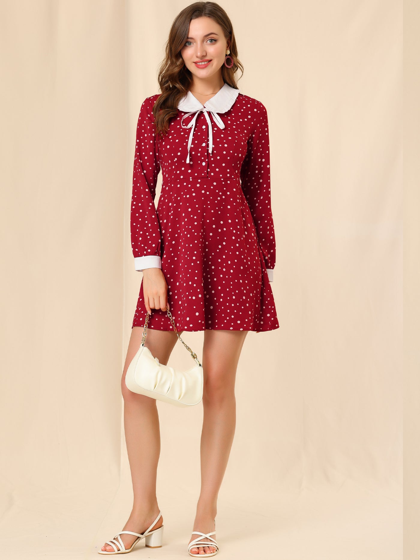 Allegra K Polka Dots Sweet Tie Neck Contrast Peter Pan Collar Dress