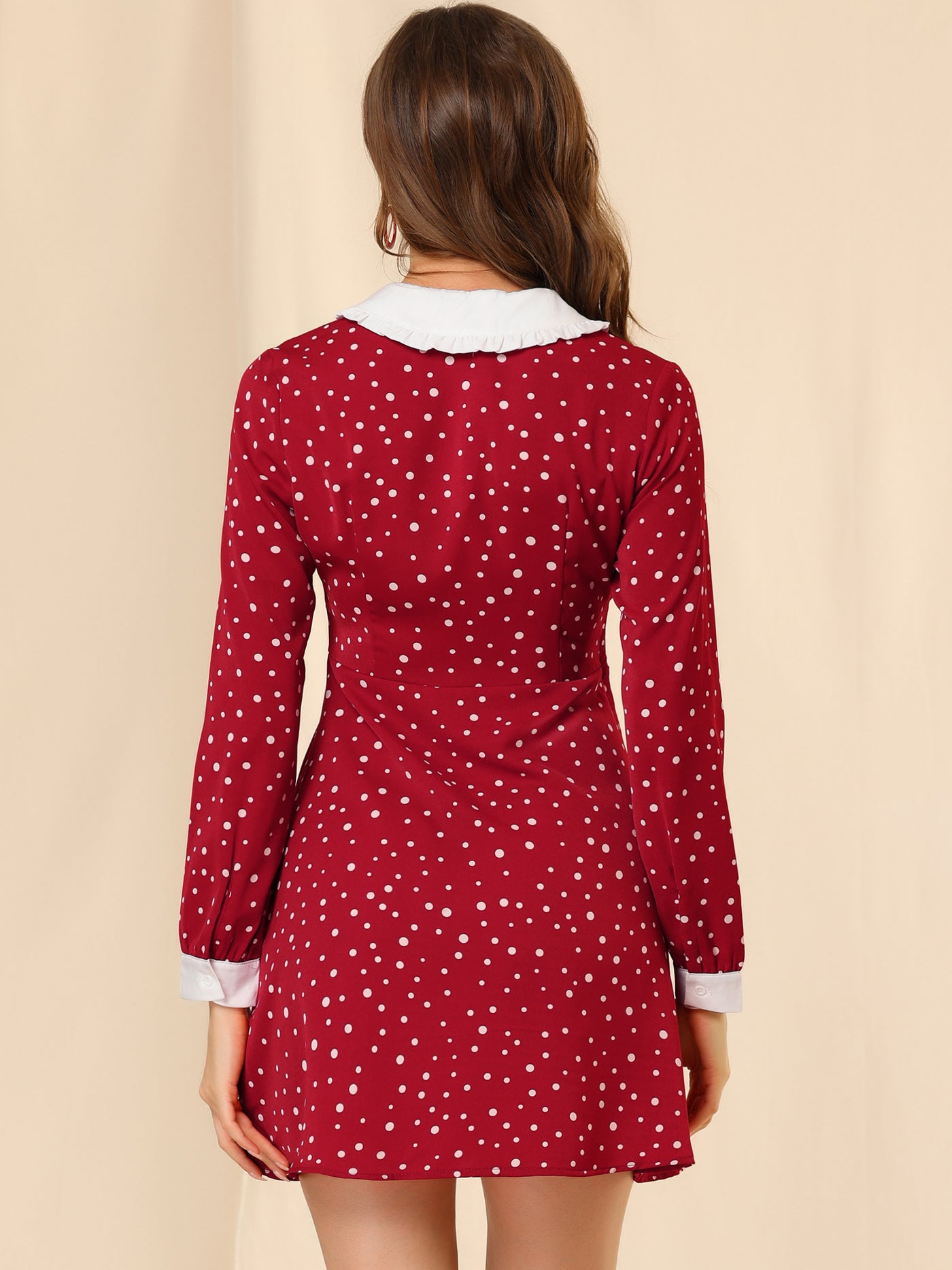 Allegra K Polka Dots Sweet Tie Neck Contrast Peter Pan Collar Dress