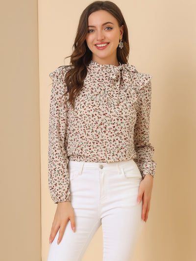 Bow Tie Neck Long Sleeve Floral Ruffled Blouse