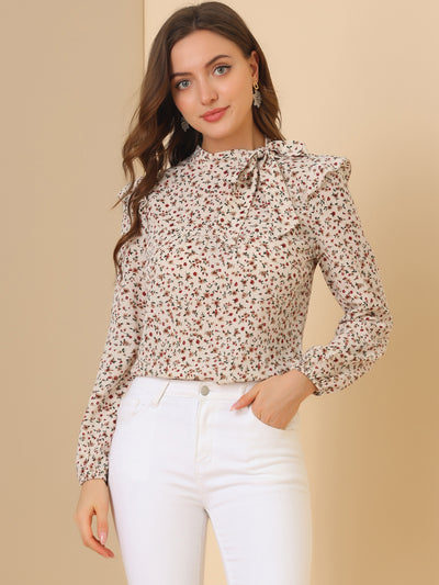 Bow Tie Neck Long Sleeve Floral Ruffled Blouse