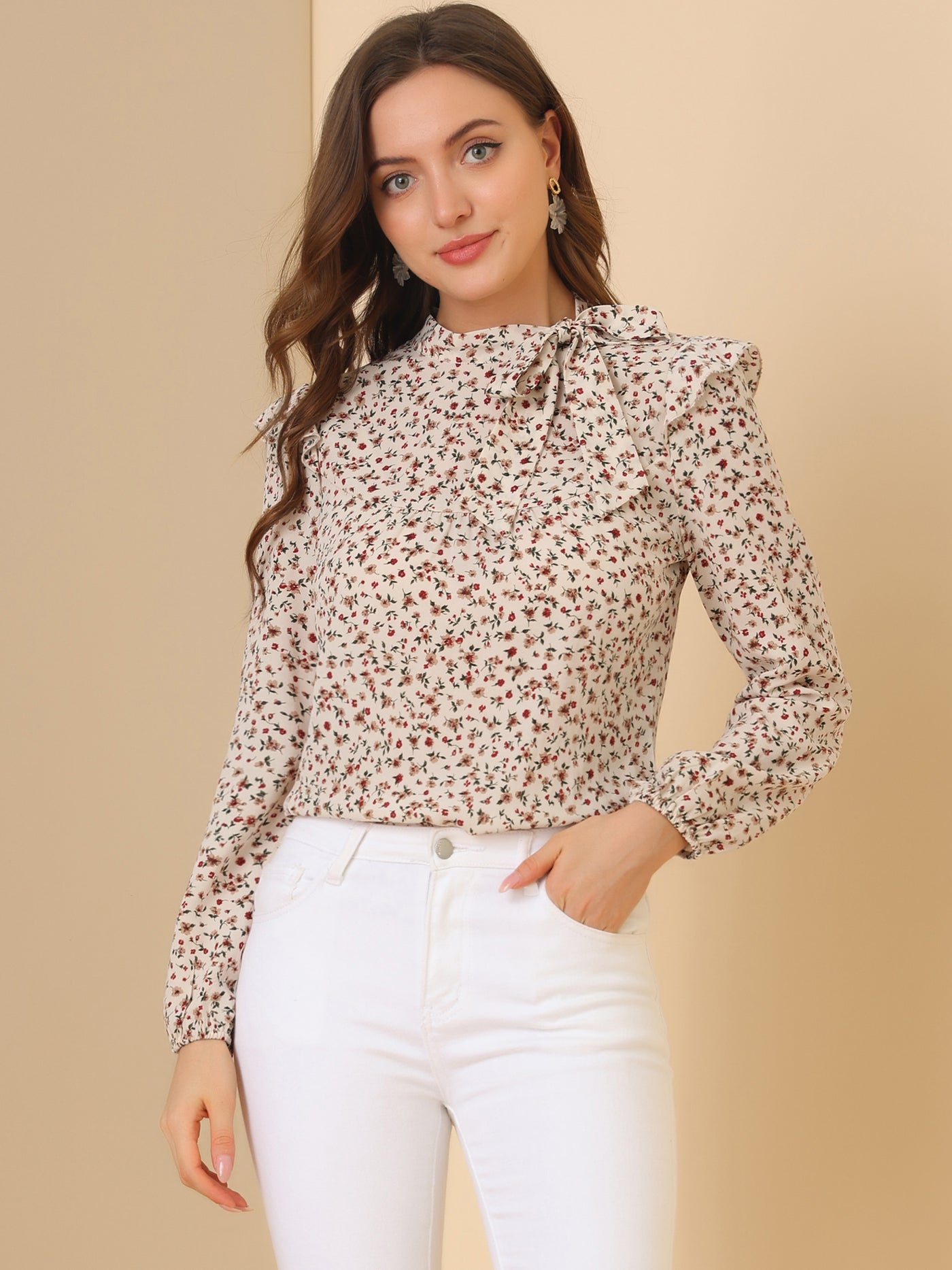 Allegra K Bow Tie Neck Long Sleeve Floral Ruffled Blouse