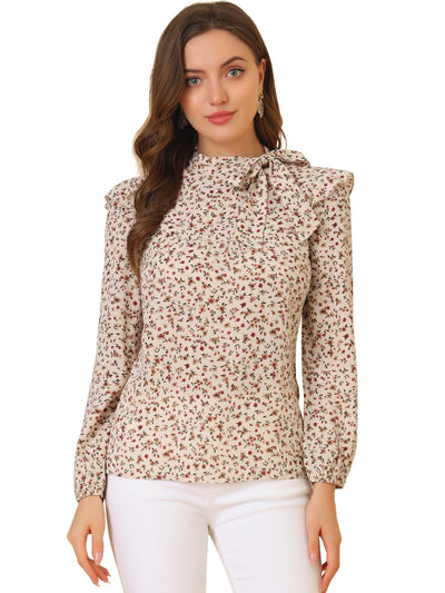 Bow Tie Neck Long Sleeve Floral Ruffled Blouse