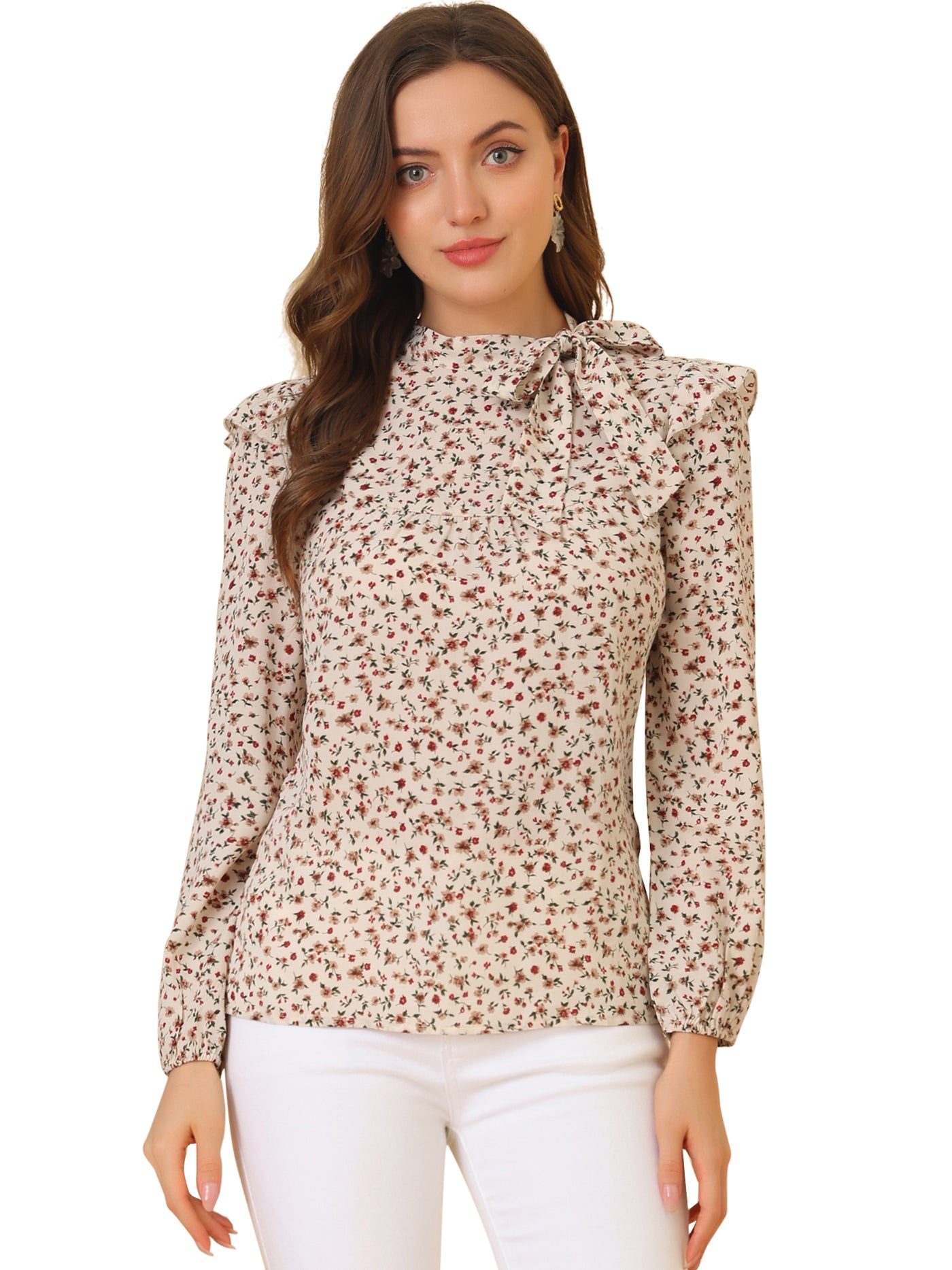 Allegra K Bow Tie Neck Long Sleeve Floral Ruffled Blouse