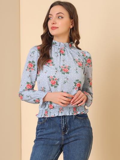 Ruffled Floral Printed Vintage Collared Smocked Waist Blouse