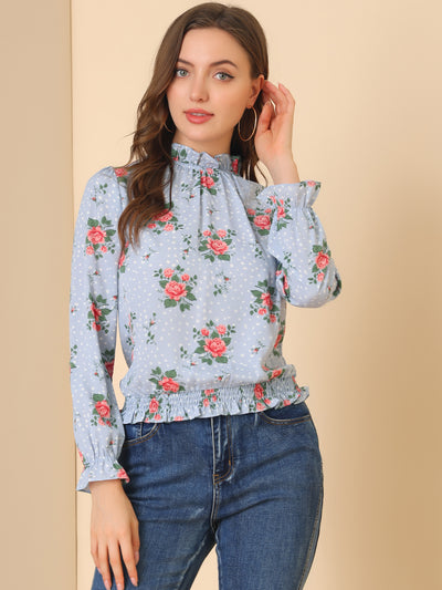 Ruffled Floral Printed Vintage Collared Smocked Waist Blouse