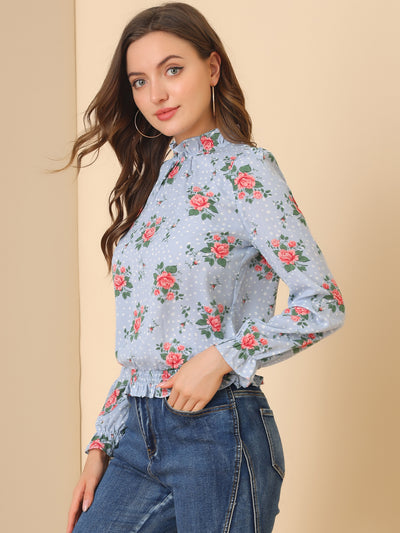 Ruffled Floral Printed Vintage Collared Smocked Waist Blouse