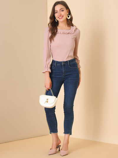 Elegant Square Neck Ruffled Puff Long Sleeve Blouse Top