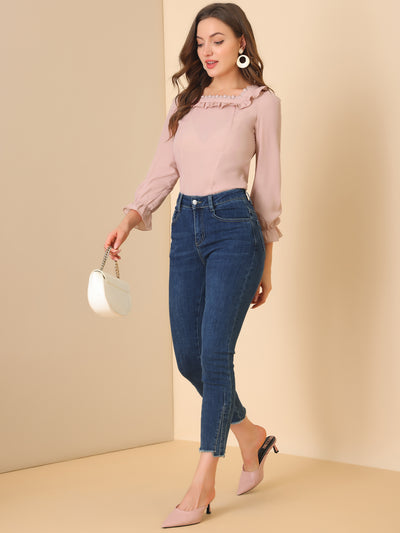 Elegant Square Neck Ruffled Puff Long Sleeve Blouse Top