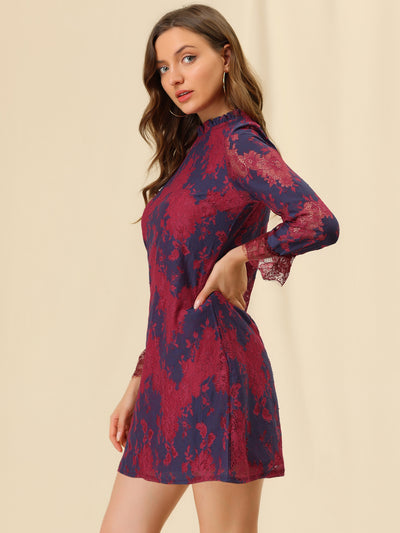 Allegra K Lace Floral Ruffle Crew Neck Cocktail Elegant Mini Dress