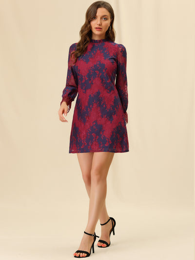 Allegra K Lace Floral Ruffle Crew Neck Cocktail Elegant Mini Dress