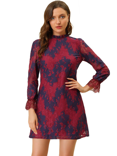 Allegra K Lace Floral Ruffle Crew Neck Cocktail Elegant Mini Dress