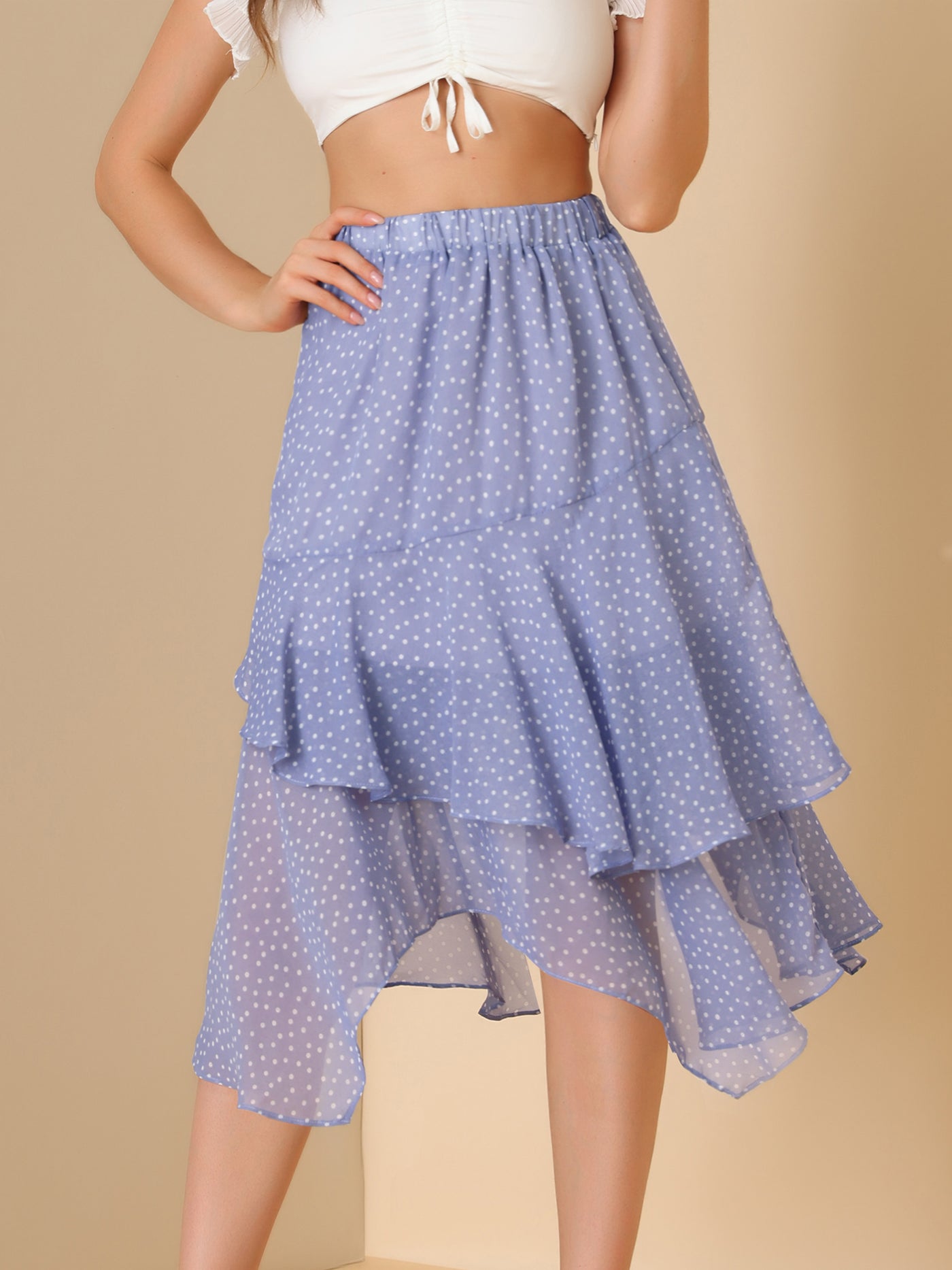 Allegra K Polka Dots Elastic High Waist Irregular Layered Chiffon Skirt