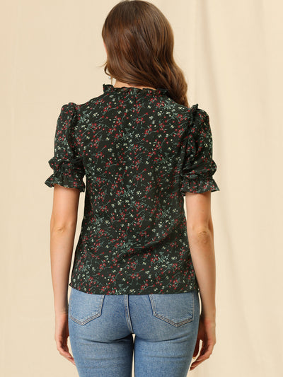 Ruffle Tie Neck Puff Short Sleeve Casual Floral Blouse Top