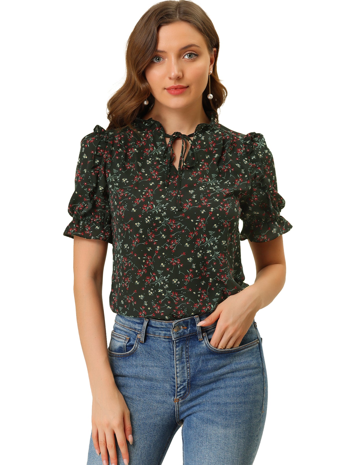 Allegra K Ruffle Tie Neck Puff Short Sleeve Casual Floral Blouse Top