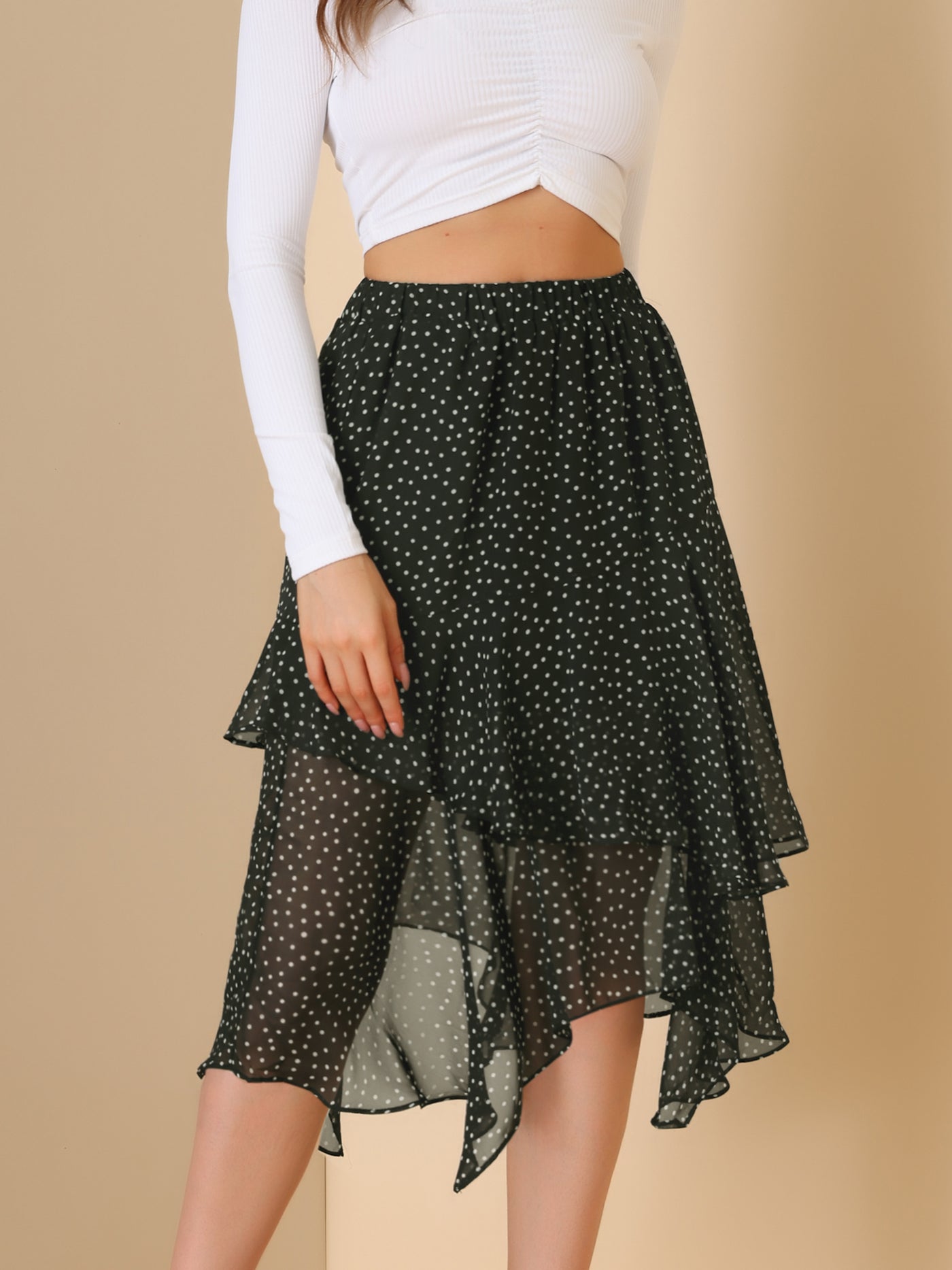 Allegra K Polka Dots Elastic High Waist Irregular Layered Chiffon Skirt