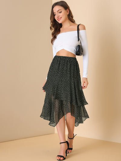Polka Dots Elastic High Waist Irregular Layered Chiffon Skirt