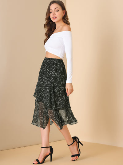 Polka Dots Elastic High Waist Irregular Layered Chiffon Skirt