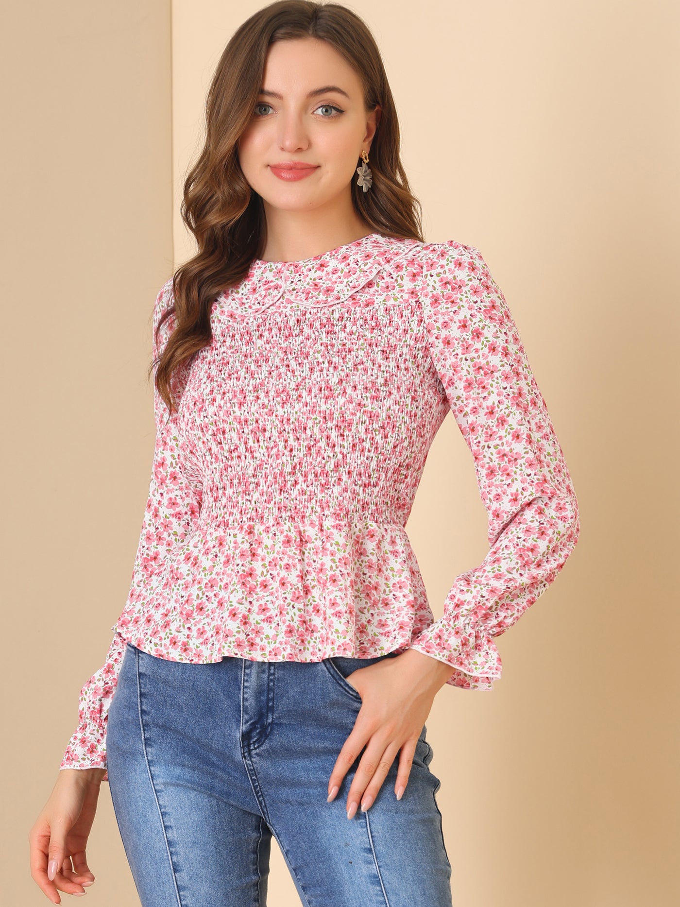 Allegra K Peter Pan Collar Long Sleeve Casual Chiffon Floral Smocked Top