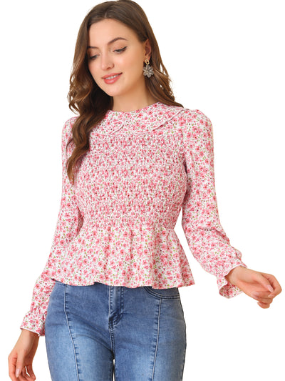 Peter Pan Collar Long Sleeve Casual Chiffon Floral Smocked Top