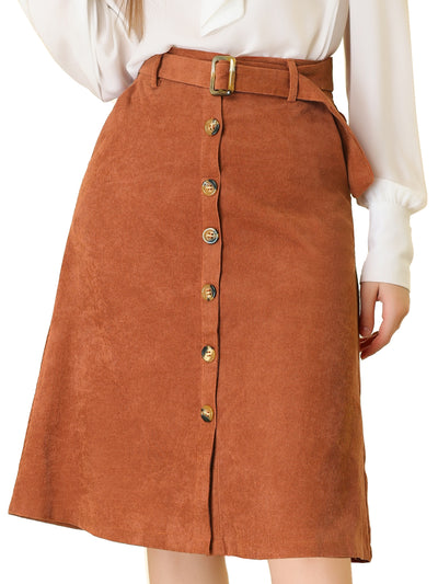 High Waist Button Front Belted Corduroy A-Line Midi Skirt