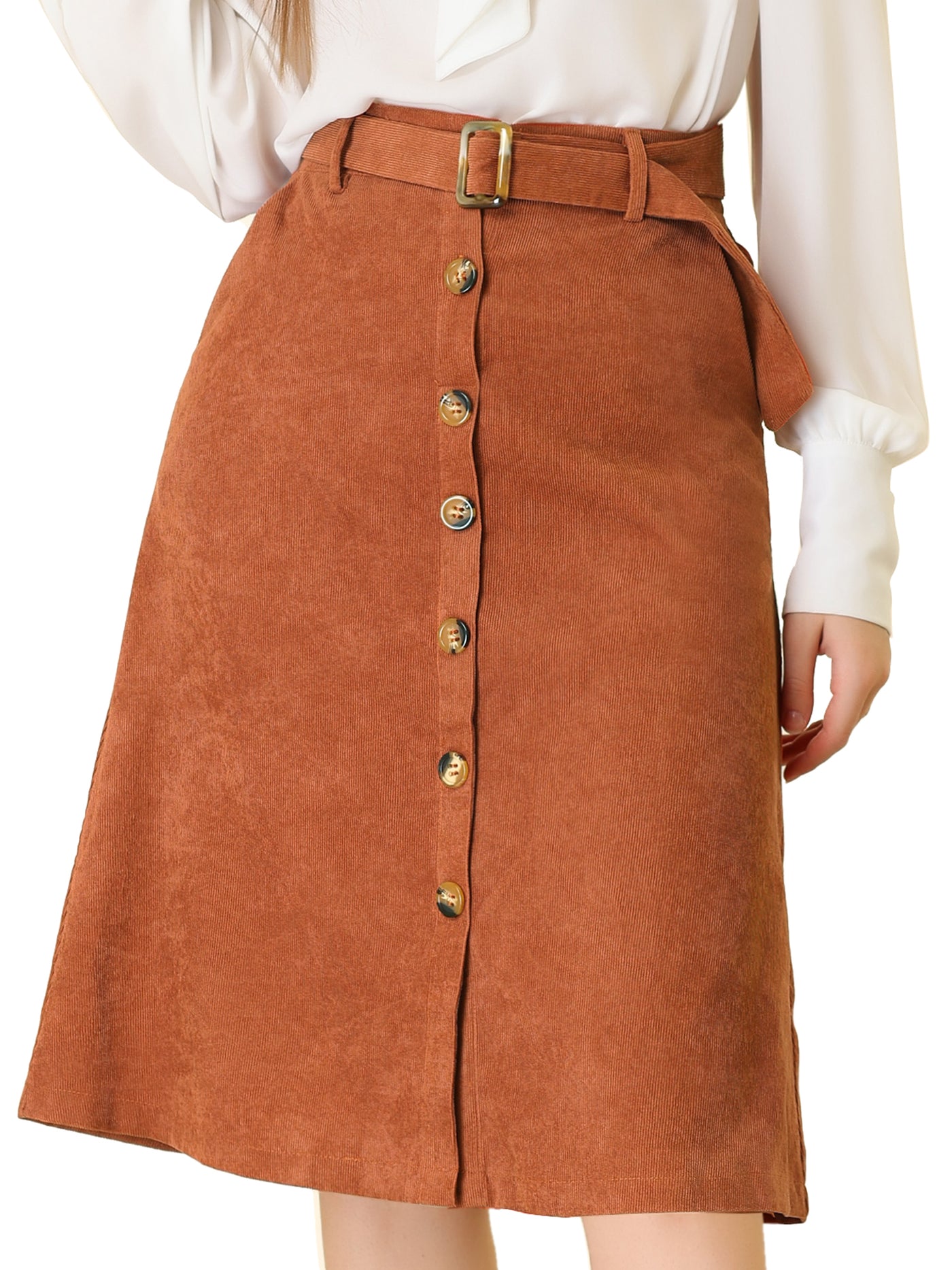 Allegra K High Waist Button Front Belted Corduroy A-Line Midi Skirt