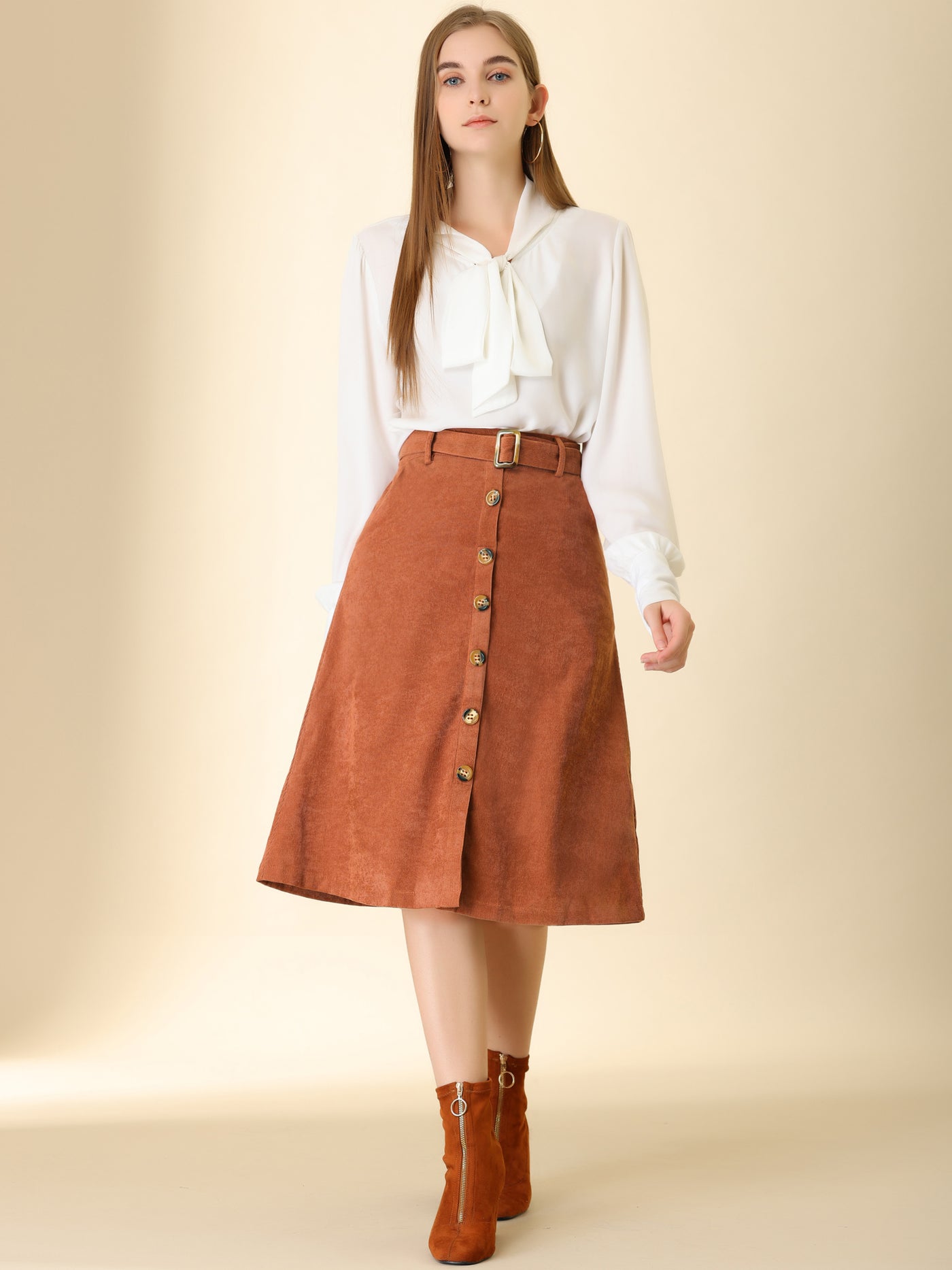 Allegra K High Waist Button Front Belted Corduroy A-Line Midi Skirt