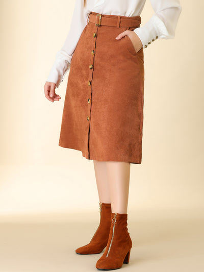 High Waist Button Front Belted Corduroy A-Line Midi Skirt