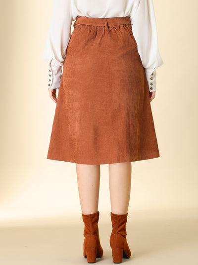 High Waist Button Front Belted Corduroy A-Line Midi Skirt