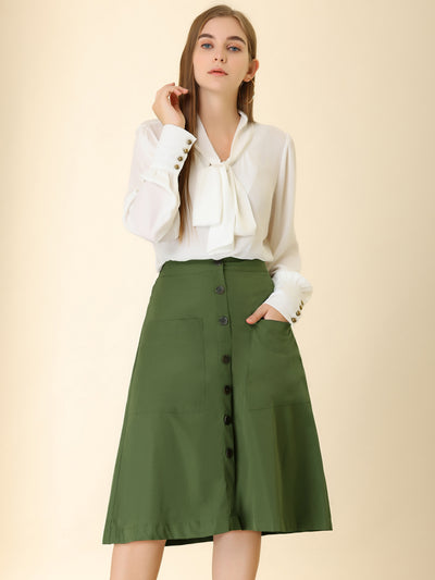 Allegra K Elastic Waist Button Front Pocket Swing Midi Skirt