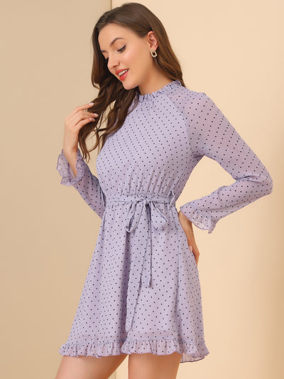 Ruffle Hem Polka Dot Belted Bell Sleeve Chiffon Dress