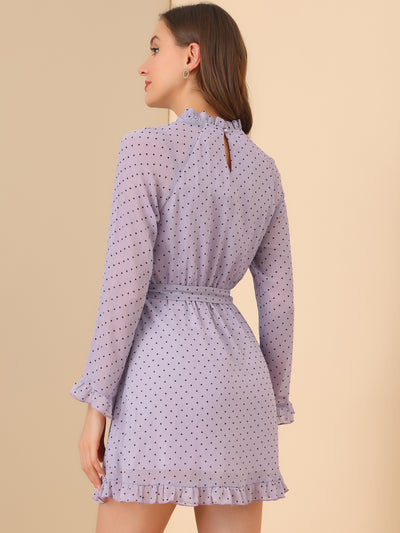 Ruffle Hem Polka Dot Belted Bell Sleeve Chiffon Dress