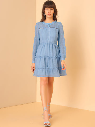 Long Sleeve Swiss Dot Elastic Waist A-Line Tiered Flowy Chiffon Dress