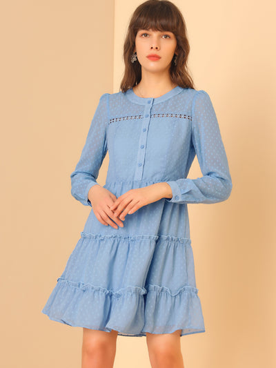 Long Sleeve Swiss Dot Elastic Waist A-Line Tiered Flowy Chiffon Dress