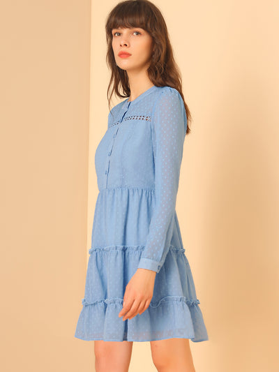 Long Sleeve Swiss Dot Elastic Waist A-Line Tiered Flowy Chiffon Dress