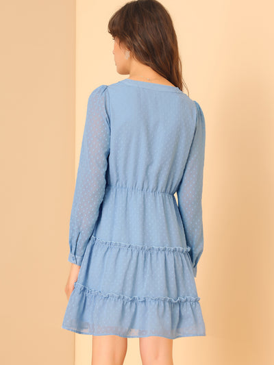 Long Sleeve Swiss Dot Elastic Waist A-Line Tiered Flowy Chiffon Dress