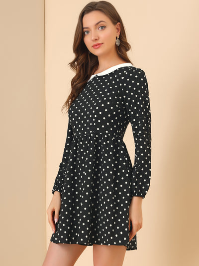 Retro Polka Dot Long Sleeve A-Line Contrast Peter Pan Collar Dress