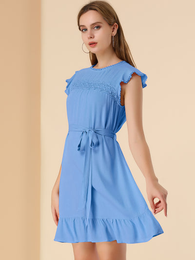 Ruffle Sleeve Round Neck Tie Belt Crochet A-Line Flowy Short Dress