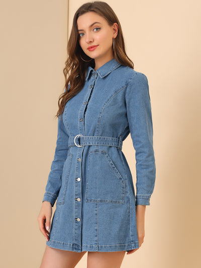 Turn-Down Collar Belted Puff Long Sleeve Denim Shirt Dress