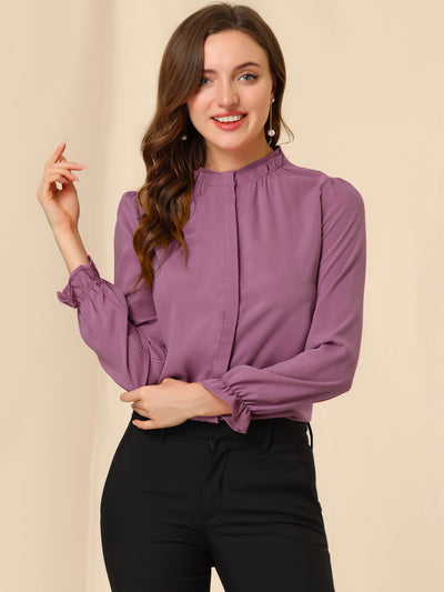 Allegra K Work Office Blouse Button Up Ruffle Collar Long Sleeve Chiffon Shirt