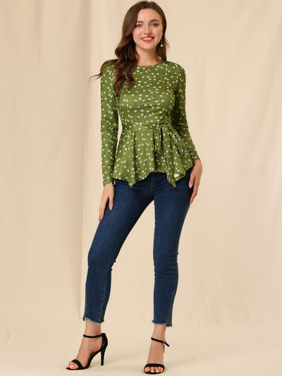 Floral Long Sleeve Asymmetrical Ruffle Hem Belted Flare Peplum Tops