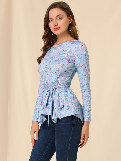 Floral Long Sleeve Asymmetrical Ruffle Hem Belted Flare Peplum Tops