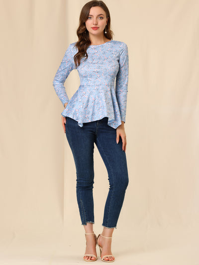 Floral Long Sleeve Asymmetrical Ruffle Hem Belted Flare Peplum Tops