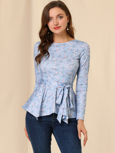 Floral Long Sleeve Asymmetrical Ruffle Hem Belted Flare Peplum Tops