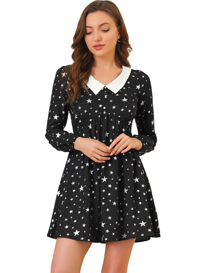 Women's Star Printed Long Sleeve Metallic Party A-Line Peter Pan Collar Mini Dress