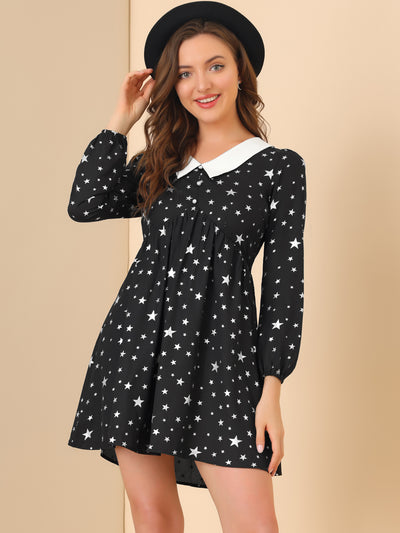 Women's Star Printed Long Sleeve Metallic Party A-Line Peter Pan Collar Mini Dress