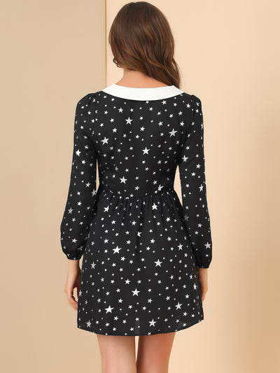 Women's Star Printed Long Sleeve Metallic Party A-Line Peter Pan Collar Mini Dress