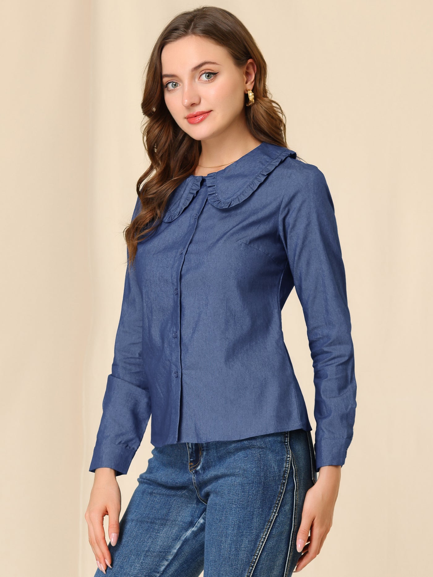 Allegra K Peter Pan Collar Ruffled Button Down Denim Shirt